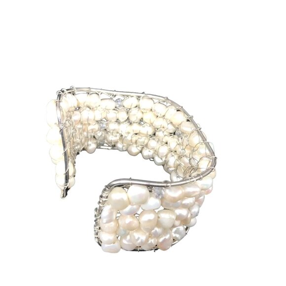 Glamorous Wide Pearl Mesh Cuff Bracelet, Silver, Wedding Jewelry, Special Occasi - Picture 4 of 5